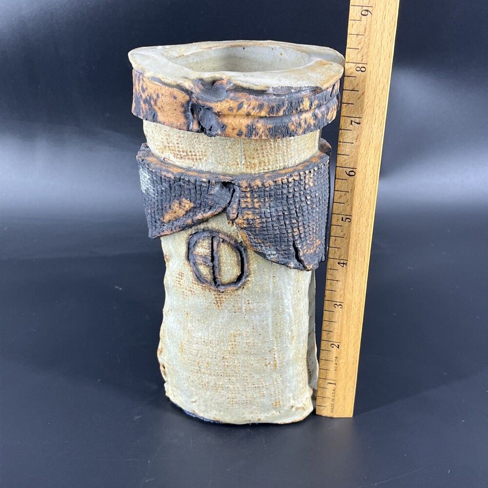 Unique Art Pottery Rustic Brutalist Textured Vase Utensil Holder Stoneware